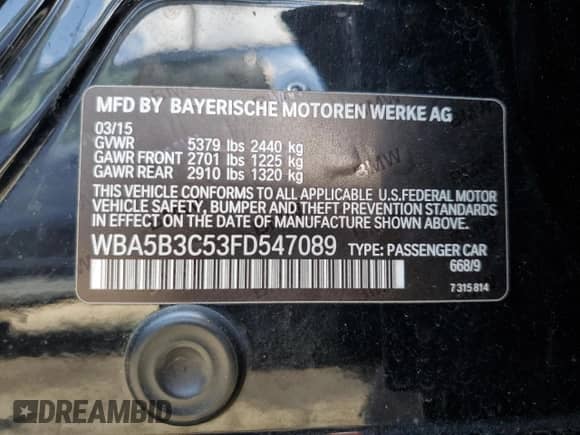 2015 BMW 5 Series 535i xDrive с VIN WBA5B3C53FD547089, выставлен на аукционе Copart как лот 59756085 с пробегом 75 193 миль миль и Списание • Salvage title. История ставок и продаж доступна на DreamBid. Изображение 12.