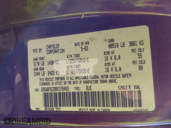 1994 Dodge Passenger with VIN 2B5WB35Z9RK576493, listed as a IAAI auction lot 41608205 with 82,804 mi miles and . Bid and sale history available at DreamBid. Image 9.