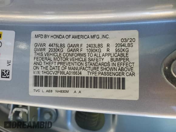 2020 Honda Accord Touring with VIN 1HGCV2F99LA016634, listed as a Copart auction lot 70592385 with 75,471 mi miles and Salvage title. Bid and sale history available at DreamBid. Image 12.