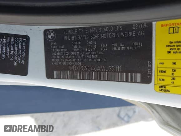 2010 BMW X3 xDrive30i z VIN WBXPC9C46AWJ32111, wystawiony jako IAAI lot #42710433 z przebiegiem 170 295 mil mil oraz . Historia ofert i sprzedaży dostępna na DreamBid. Obrazek 9.