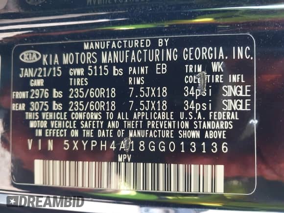 2016 Kia Sorento EX with VIN 5XYPH4A18GG013136, listed as a IAAI auction lot 42746093 with 234,842 mi miles and . Bid and sale history available at DreamBid. Image 9.