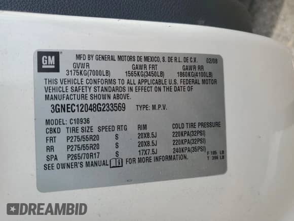 2008 Chevrolet Avalanche 2LT with VIN 3GNEC12048G233569, listed as a Copart auction lot 56966565 with 17,228 mi miles and Salvage title. Bid and sale history available at DreamBid. Image 12.