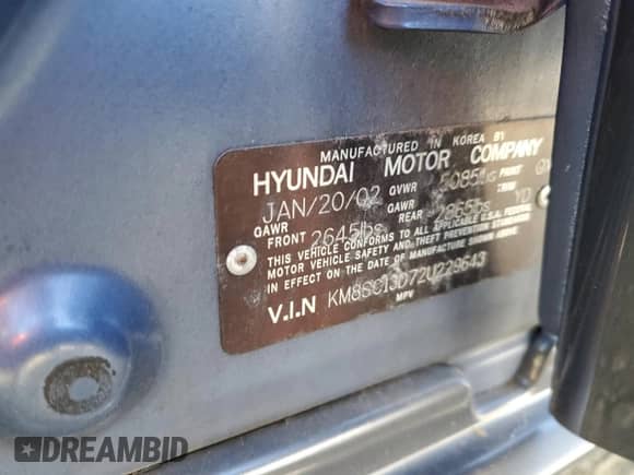 2002 Hyundai Santa Fe GLS с VIN KM8SC13D72U229643, выставлен на аукционе Copart как лот 52303635 с пробегом 71 912 миль миль и Списание • Salvage title. История ставок и продаж доступна на DreamBid. Изображение 13.