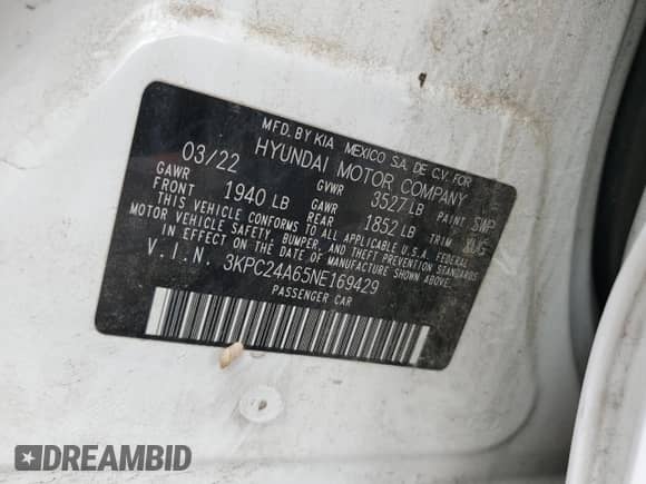 2022 Hyundai Accent SE с VIN 3KPC24A65NE169429, выставлен на аукционе Copart как лот 70907765 с пробегом 79 113 миль миль и Списание • Salvage title. История ставок и продаж доступна на DreamBid. Изображение 12.