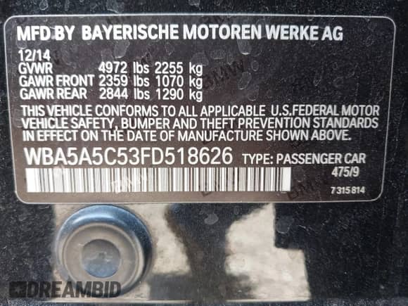 2015 BMW 5 Series 528i с VIN WBA5A5C53FD518626, выставлен на аукционе IAAI как лот 43091884 с пробегом 112 348 миль миль и . История ставок и продаж доступна на DreamBid. Изображение 9.