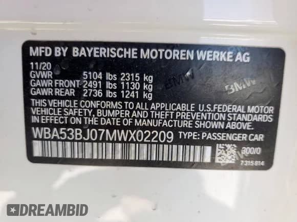2021 BMW 5 Series 540i with VIN WBA53BJ07MWX02209, listed as a Copart auction lot 66900135 with 42,153 mi miles and Salvage title. Bid and sale history available at DreamBid. Image 12.