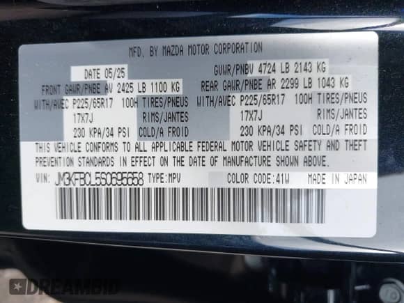 2025 Mazda CX-5 S Preferred z VIN JM3KFBCL5S0695658, wystawiony jako IAAI lot #43301142 z przebiegiem Nie podano mil oraz . Historia ofert i sprzedaży dostępna na DreamBid. Obrazek 9.