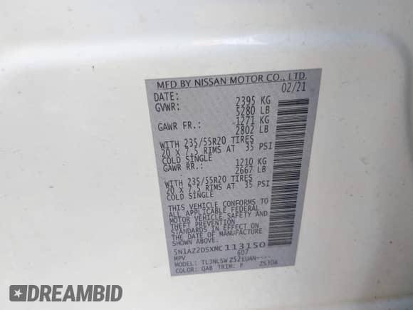 2021 Nissan Murano Platinum with VIN 5N1AZ2DSXMC113150, listed as a IAAI auction lot 42331692 with 55,090 mi miles and . Bid and sale history available at DreamBid. Image 9.