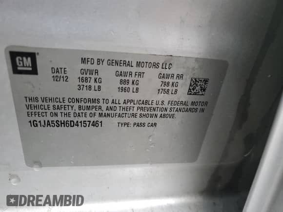 2013 Chevrolet Sonic LS with VIN 1G1JA5SH6D4157461, listed as a Copart auction lot 70907345 with 107,589 mi miles and Salvage title. Bid and sale history available at DreamBid. Image 12.