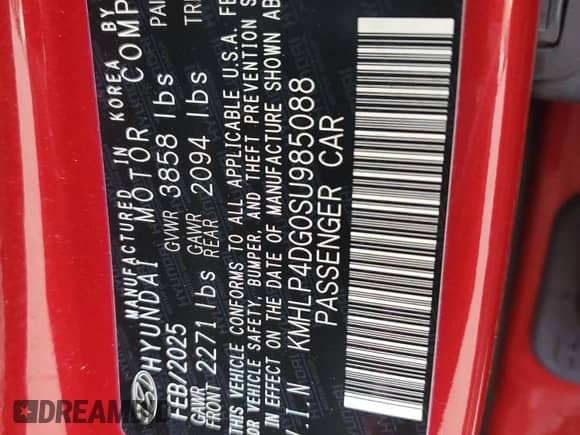 2025 Hyundai Elantra Limited с VIN KMHLP4DG0SU985088, выставлен на аукционе Copart как лот 90115845 с пробегом 13 091 миль миль и На запчасти • Non repairable. История ставок и продаж доступна на DreamBid. Изображение 12.