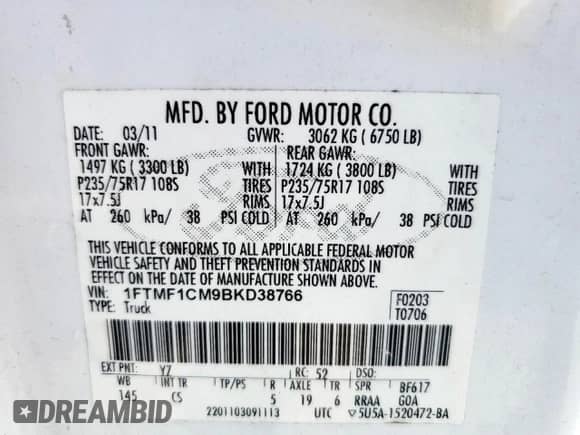 2011 Ford F-150 XL with VIN 1FTMF1CM9BKD38766, listed as a Copart auction lot 80412275 with 223,170 mi miles and Clean title. Bid and sale history available at DreamBid. Image 12.