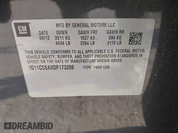 2013 Chevrolet Malibu LT with VIN 1G11C5SA8DF173288, listed as a IAAI auction lot 43336799 with 190,891 mi miles and . Bid and sale history available at DreamBid. Image 9.