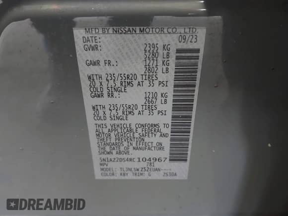 2024 Nissan Murano Platinum with VIN 5N1AZ2DS4RC104967, listed as a IAAI auction lot 41992691 with 5,307 mi miles and . Bid and sale history available at DreamBid. Image 9.