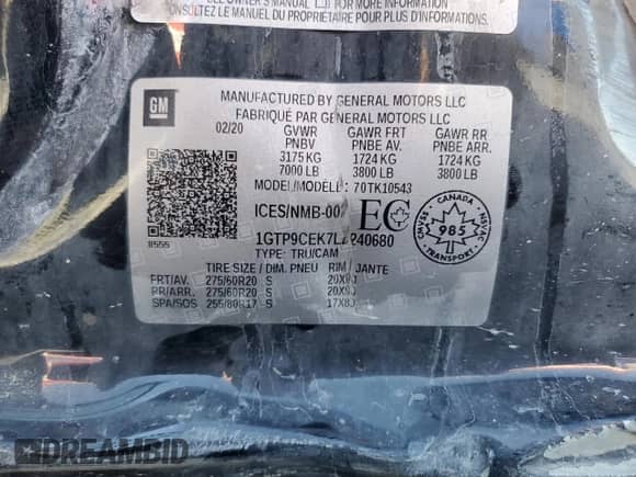 2020 GMC Sierra 1500 Elevation with VIN 1GTP9CEK7LZ240680, listed as a Copart auction lot 69116275 with Not provided miles and Salvage title. Bid and sale history available at DreamBid. Image 13.