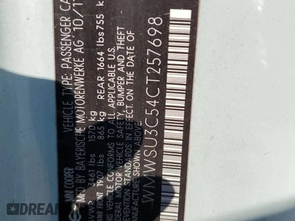 2012 MINI Hardtop с VIN WMWSU3C54CT257698, выставлен на аукционе Copart как лот 74214794 с пробегом 142 273 миль миль и Списание • Salvage title. История ставок и продаж доступна на DreamBid. Изображение 12.