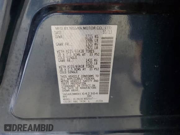 2014 Nissan Pathfinder Platinum with VIN 5N1AR2MM0EC642304, listed as a Copart auction lot 81057945 with 172,643 mi miles and Salvage title. Bid and sale history available at DreamBid. Image 14.