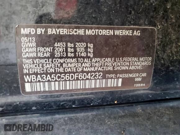 2013 BMW 3 Series 328i with VIN WBA3A5C56DF604232, listed as a Copart auction lot 81277475 with 128,727 mi miles and Clean title. Bid and sale history available at DreamBid. Image 12.