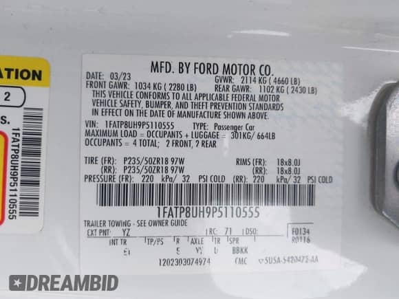 2023 Ford Mustang EcoBoost with VIN 1FATP8UH9P5110555, listed as a IAAI auction lot 42593858 with 41,948 mi miles and . Bid and sale history available at DreamBid. Image 9.