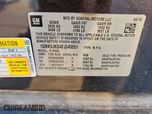 2015 Chevrolet Traverse LTZ с VIN 1GNKVJKD4FJ343551, выставлен на аукционе Copart как лот 71229565 с пробегом 159 302 миль миль и Чистый • Clean title. История ставок и продаж доступна на DreamBid. Изображение 12.