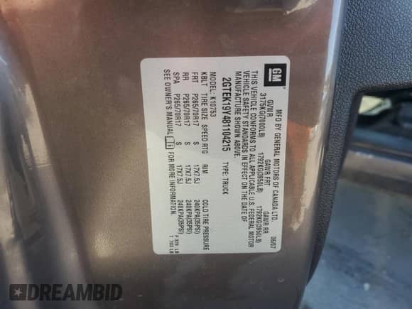 2008 GMC Sierra 1500 z VIN 2GTEK19Y481104215, wystawiony jako Copart lot #48453405 z przebiegiem 125 553 mil mil oraz Szkoda całkowita • Salvage title. Historia ofert i sprzedaży dostępna na DreamBid. Obrazek 12.