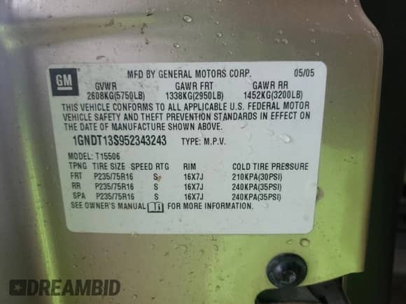 2005 Chevrolet TrailBlazer LS с VIN 1GNDT13S952343243, выставлен на аукционе Copart как лот 83978425 с пробегом 146 745 миль миль и Чистый • Clean title. История ставок и продаж доступна на DreamBid. Изображение 13.