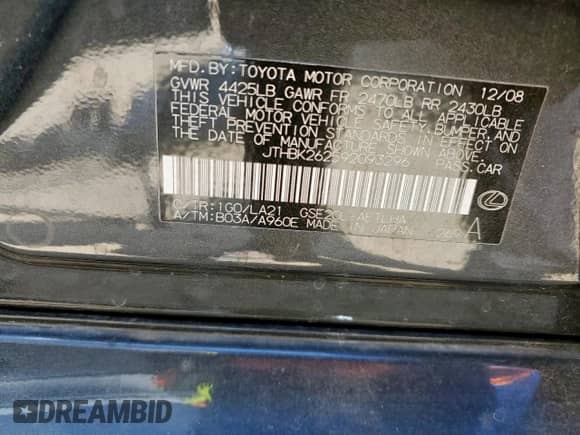 2009 Lexus IS 250 с VIN JTHBK262592093296, выставлен на аукционе Copart как лот 84055905 с пробегом Не указан миль и Списание • Salvage title. История ставок и продаж доступна на DreamBid. Изображение 13.