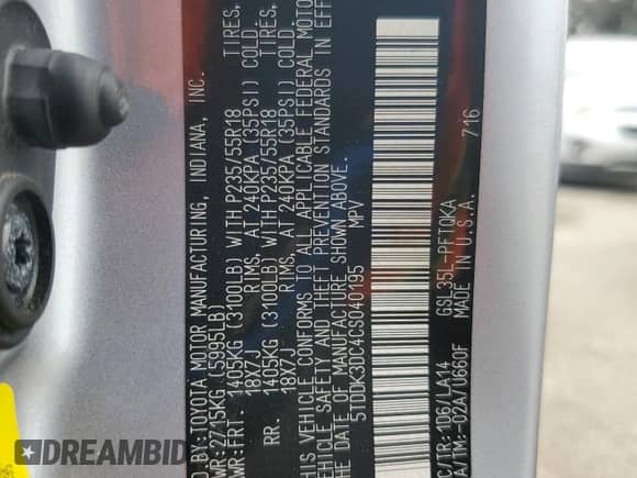 2012 Toyota Sienna XLE with VIN 5TDDK3DC4CS040195, listed as a Copart auction lot 84445045 with 251,962 mi miles and Salvage title. Bid and sale history available at DreamBid. Image 13.