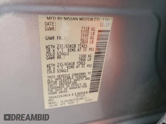 2020 Nissan Murano S with VIN 5N1AZ2AJ6LN119946, listed as a Copart auction lot 84456774 with 81,642 mi miles and Salvage title. Bid and sale history available at DreamBid. Image 14.