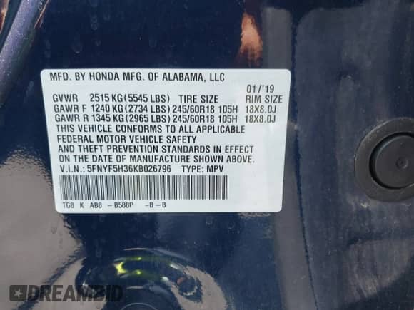 2019 Honda Pilot EX with VIN 5FNYF5H36KB026796, listed as a IAAI auction lot 43176624 with Not provided miles and . Bid and sale history available at DreamBid. Image 9.