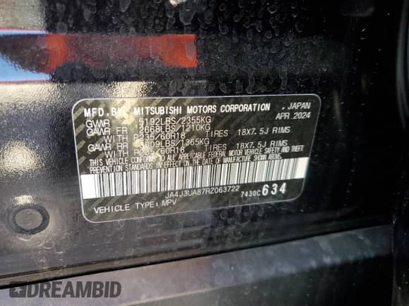 2024 Mitsubishi Outlander ES with VIN JA4J3UA87RZ063722, listed as a Copart auction lot 47663155 with 9,273 mi miles and Salvage title. Bid and sale history available at DreamBid. Image 12.