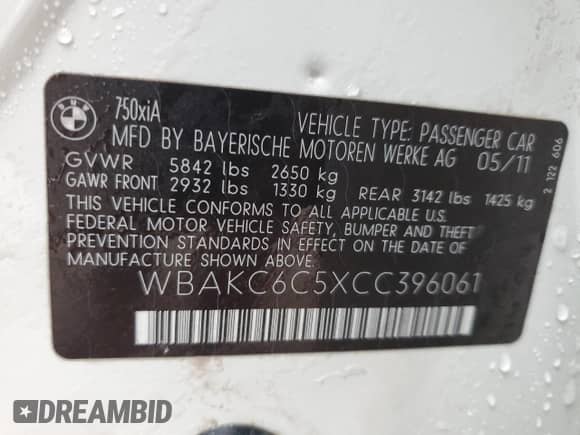 2012 BMW 7 Series 750i xDrive с VIN WBAKC6C5XCC396061, выставлен на аукционе Copart как лот 84295534 с пробегом 107 908 миль миль и Чистый • Clean title. История ставок и продаж доступна на DreamBid. Изображение 12.