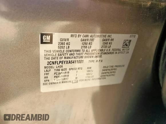 2010 Chevrolet Equinox 2LT with VIN 2CNFLPEYXA6411001, listed as a Copart auction lot 61727515 with 127,558 mi miles and Clean title. Bid and sale history available at DreamBid. Image 14.