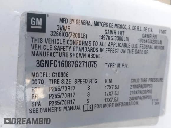 2007 Chevrolet Suburban LTZ z VIN 3GNFC16087G271075, wystawiony jako IAAI lot #42010391 z przebiegiem 217 223 mil mil oraz . Historia ofert i sprzedaży dostępna na DreamBid. Obrazek 9.
