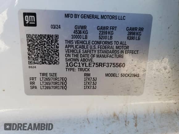 2024 Chevrolet Silverado 2500HD Work Truck with VIN 1GC1YLE75RF375560, listed as a Copart auction lot 48285975 with Not provided miles and Salvage title. Bid and sale history available at DreamBid. Image 13.