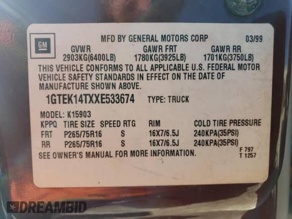 1999 GMC Sierra 1500 SLE z VIN 1GTEK14TXXE533674, wystawiony jako Copart lot #83788244 z przebiegiem 188 751 mil mil oraz Szkoda całkowita • Salvage title. Historia ofert i sprzedaży dostępna na DreamBid. Obrazek 14.