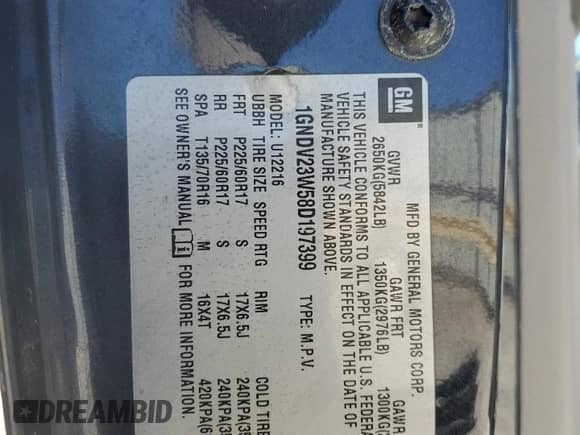 2008 Chevrolet Uplander LS с VIN 1GNDV23W58D197399, выставлен на аукционе Copart как лот 73615724 с пробегом 133 185 миль миль и Списание • Salvage title. История ставок и продаж доступна на DreamBid. Изображение 15.