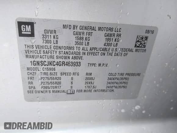 2016 Chevrolet Suburban LTZ с VIN 1GNSCJKC4GR463933, выставлен на аукционе IAAI как лот 41208065 с пробегом 153 404 миль миль и . История ставок и продаж доступна на DreamBid. Изображение 9.