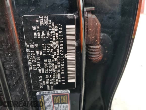 2022 Kia Sorento X-Line S с VIN 5XYRLDLC2NG161947, выставлен на аукционе Copart как лот 65415295 с пробегом Не указан миль и Списание • Salvage title. История ставок и продаж доступна на DreamBid. Изображение 13.