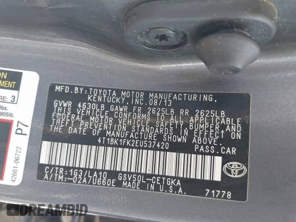 2014 Toyota Camry SE with VIN 4T1BK1FK2EU537420, listed as a IAAI auction lot 43345149 with 173,166 mi miles and . Bid and sale history available at DreamBid. Image 9.