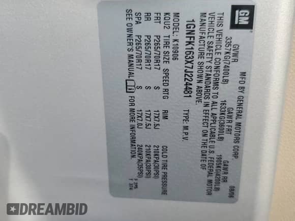 2007 Chevrolet Suburban LT with VIN 1GNFK163X7J224481, listed as a Copart auction lot 82161425 with 126,691 mi miles and Salvage title. Bid and sale history available at DreamBid. Image 13.