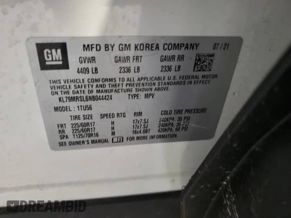 2022 Chevrolet TrailBlazer LT с VIN KL79MRSL6NB044424, выставлен на аукционе Copart как лот 69197955 с пробегом 36 679 миль миль и Списание • Salvage title. История ставок и продаж доступна на DreamBid. Изображение 13.