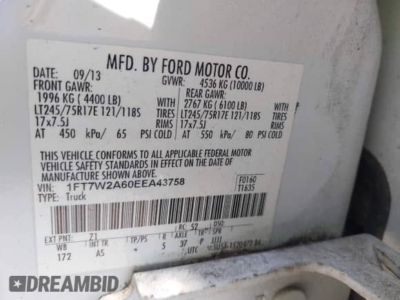 2014 Ford F-250 XL with VIN 1FT7W2A60EEA43758, listed as a IAAI auction lot 42275088 with 248,819 mi miles and . Bid and sale history available at DreamBid. Image 9.