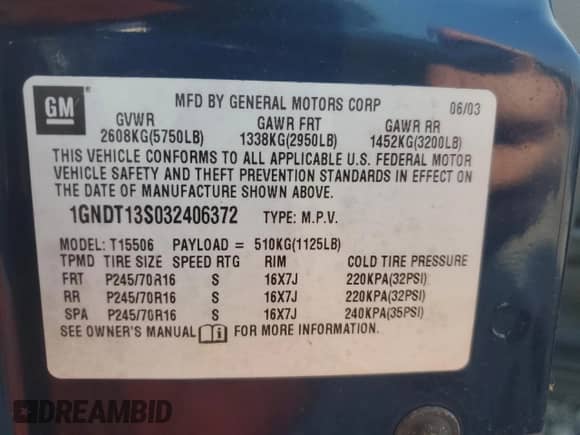 2003 Chevrolet TrailBlazer LT с VIN 1GNDT13S032406372, выставлен на аукционе Copart как лот 64527165 с пробегом 192 281 миль миль и Чистый • Clean title. История ставок и продаж доступна на DreamBid. Изображение 13.