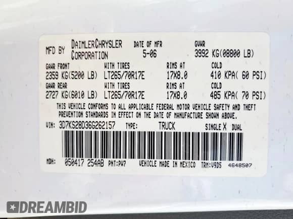 2006 Dodge 2500 SLT with VIN 3D7KS28D36G262157, listed as a Copart auction lot 66131385 with Not provided miles and Salvage title. Bid and sale history available at DreamBid. Image 12.