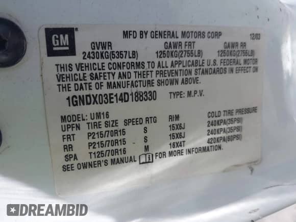 2004 Chevrolet Venture LS z VIN 1GNDX03E14D188330, wystawiony jako IAAI lot #42596114 z przebiegiem 186 128 mil mil oraz . Historia ofert i sprzedaży dostępna na DreamBid. Obrazek 9.