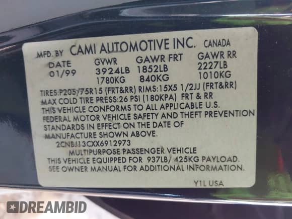 1999 Chevrolet Tracker с VIN 2CNBJ13CXX6912973, выставлен на аукционе IAAI как лот 41561979 с пробегом Не указан миль и . История ставок и продаж доступна на DreamBid. Изображение 9.