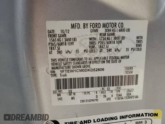 2013 Ford F-150 XL z VIN 1FTEW1CM0DKD52806, wystawiony jako Copart lot #89703765 z przebiegiem 143 628 mil mil oraz Szkoda całkowita • Salvage title. Historia ofert i sprzedaży dostępna na DreamBid. Obrazek 13.