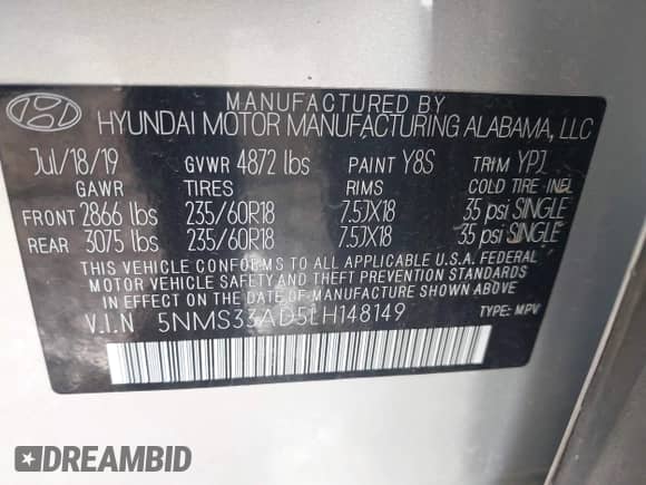 2020 Hyundai Santa Fe SEL с VIN 5NMS33AD5LH148149, выставлен на аукционе IAAI как лот 43165185 с пробегом 32 166 миль миль и . История ставок и продаж доступна на DreamBid. Изображение 9.
