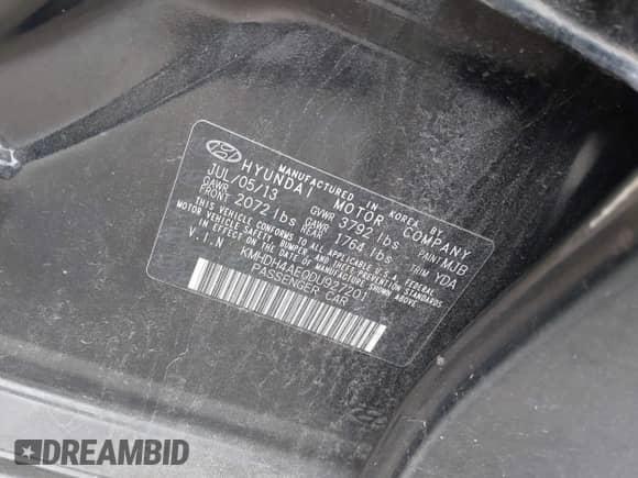 2013 Hyundai Elantra GLS with VIN KMHDH4AE0DU927201, listed as a IAAI auction lot 43383253 with 117,024 mi miles and . Bid and sale history available at DreamBid. Image 9.