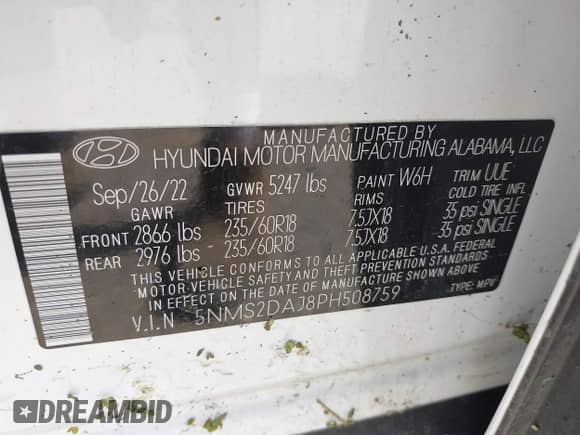 2023 Hyundai Santa Fe SEL с VIN 5NMS2DAJ8PH508759, выставлен на аукционе IAAI как лот 42641813 с пробегом 47 534 миль миль и . История ставок и продаж доступна на DreamBid. Изображение 9.